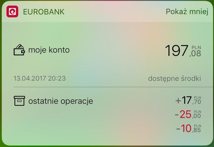 kwota dostępnych środków w PLN + kwoty 3 ostatnich operacji ios: prezentacja salda dostępnych środków prezentacja graficzna salda prezentacja dostępnych