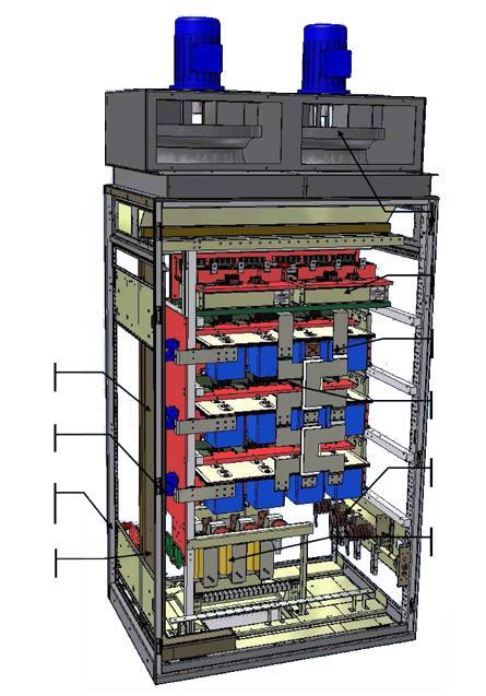 Budowa szafy z chłodzeniem powietrznym Wentylator chłodzenia Prostownik diodowy Przekładnik pomiaru prądu Szyny na wyjściu
