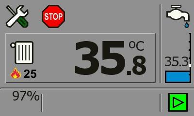 4.5. ASTAWA TEMPERATURY A BOJERZE (CWU) - TRYB ETI Aby przejść z grzania ciągłego (CO i CWU) na tryb letni czyli TYKO CWU należy nastawę temperatury na kotle obniżyć do minimum tak aż w miejscu