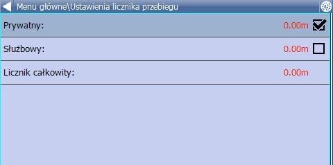 Możesz tu zobaczyć całkowitą przebytą odległość podczas podróży prywatnych i służbowych. Zaznacz pole wyboru obok pozycji Prywatny lub Służbowy, aby przełączać między licznikiem prywatnym i służbowym.