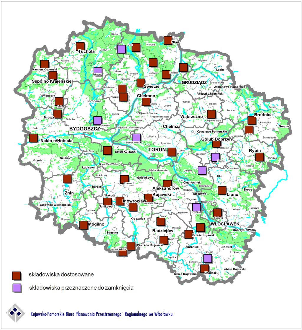 komunalnych w województwie należą trzy składowiska: Składowisko Odpadów Komunalnych w Sulnówku - 72 508,6 Mg, tj. 22,2% ogólnej ilości; Miejskie Składowisko Odpadów w Toruniu 70 084,0 Mg, tj.