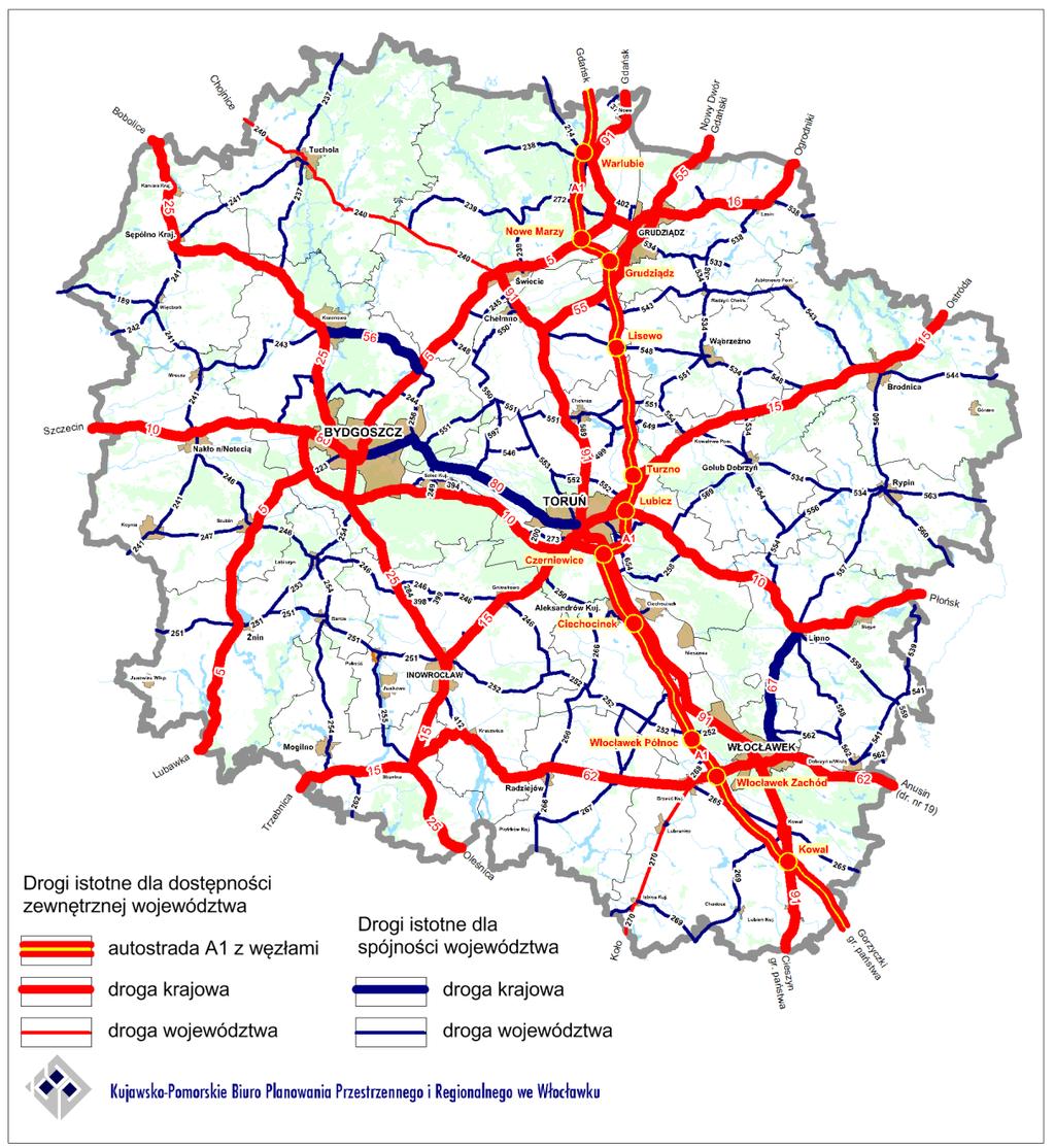 Rys. 92 Sieć dróg istotnych dla dostępności zewnętrznej i spójności województwa Źródło: Opracowano w Kujawsko-Pomorskim Biurze Planowania Przestrzennego i Regionalnego we Włocławku Dla spójności