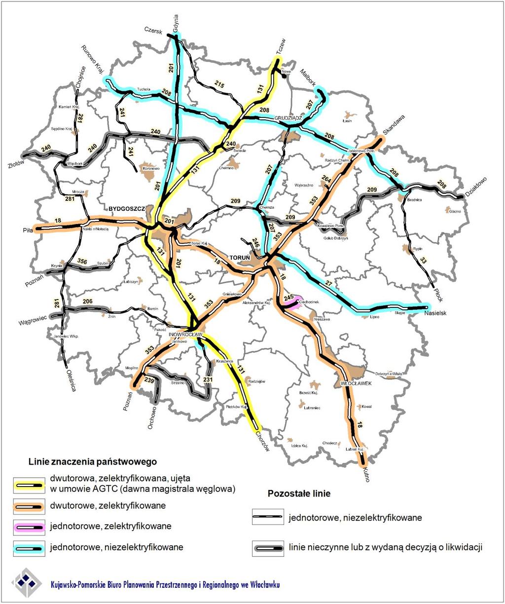 Rys. 94 Sieć kolejowa Źródło: Opracowano w Kujawsko-Pomorskim Biurze Planowania Przestrzennego i Regionalnego we Włocławku Lotniska Komunikacja lotnicza oparta jest na porcie lotniczym w Bydgoszczy,