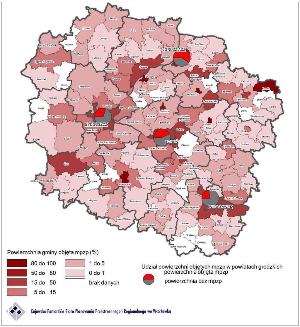 Rys. 100. Powierzchnia gmin objęta miejscowymi planami zagospodarowania przestrzennego w województwie kujawsko-pomorskim w 2012 r 7.3.