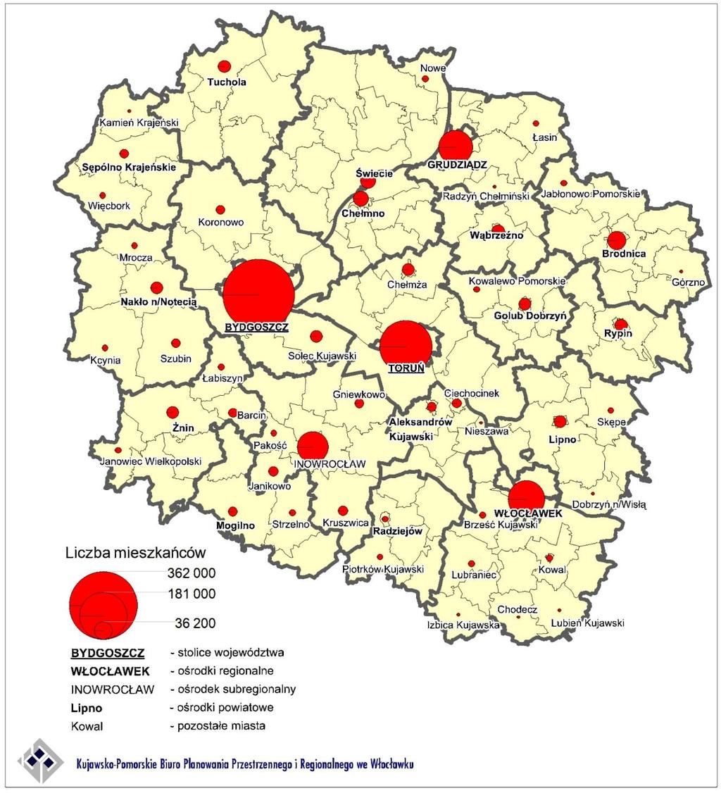 Rys. 72. Osadnictwo miejskie w województwie kujawsko-pomorskim (wg liczby mieszkańców ) w 2012r. Jak już wcześniej wspomniano poszczególne miasta cechują się zróżnicowanym obszarem oddziaływania.