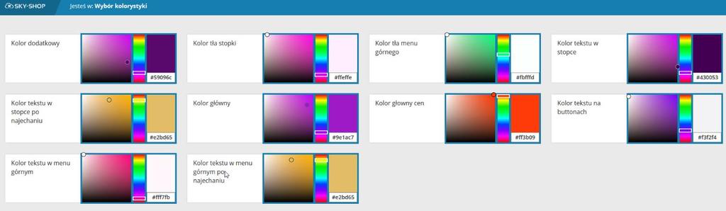 Jak zmienić kolorystykę sklepu? Kreator wyglądu -> Ustawienia kolorystyki Edycja wyglądu graficznego strony głównej (frontu) sklepu.