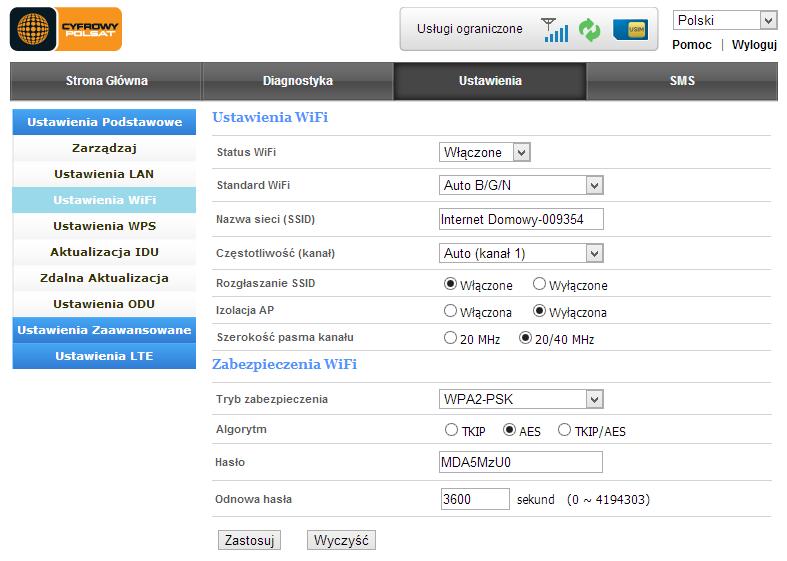 Zabezpieczenia WiFi tryb zabezpieczeń pozwala wybrać możliwe metody zabezpieczenia sieci Wi-Fi takie jak: WPA-PSK, WPA2-PSK (domyślne), WPA-PSK/WPA2-PSK Algorytm pozwala wybrać dostępne protokoły