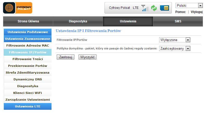 Filtrowanie IP/Portów W zakładce Filtrowanie IP/Portów możemy: Włączyć lub wyłączyć filtrowanie IP/Portów Wybrać regułę dla wybranego adresu IP lub potu czy ma zostać zaakceptowany lub czy ma zostać