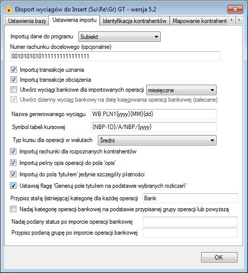 Inne ustawienia Ustawienia importu Importuj do programu opcja ta pozwala określić do którego programu (Subiekt GT / Rewizor GT / Gratyfikant GT) mają zostać przypisane zaimportowane operacje bankowe