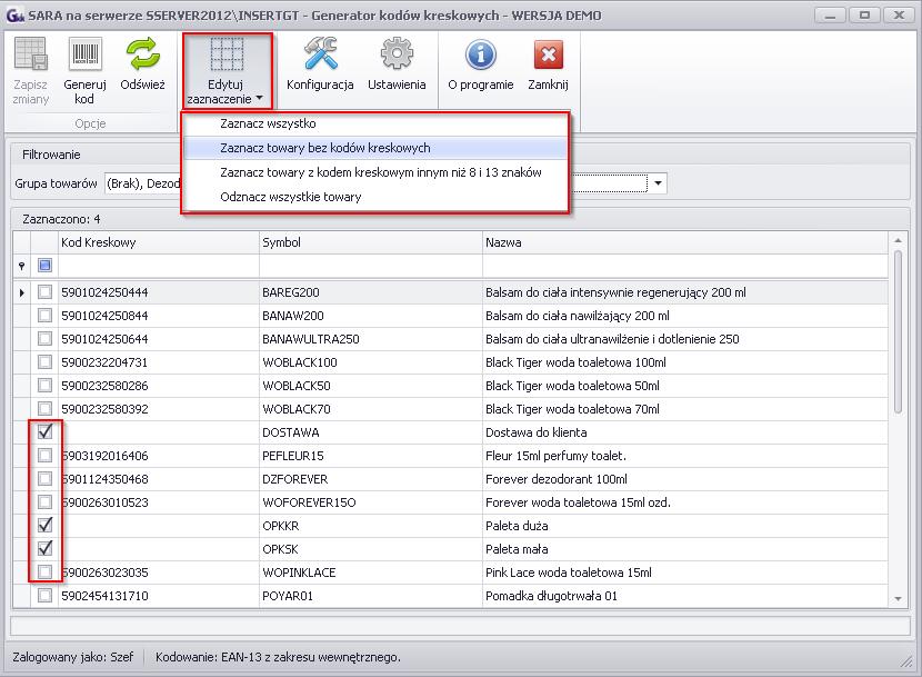 3. Instrukcja obsługi W polu Edytuj zaznaczenie mamy możliwość zaznaczenia towarów, dla których chcemy wygenerować kod kreskowy (preferencje możemy