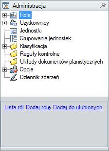 Rysunek 34. Drzewo Administracja 4.3. Role Rola to zbiór uprawnień przyznanych użytkownikom systemu. Celem tworzenia ról jest ułatwienie kontroli nad użytkownikami.