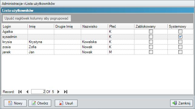 Rysunek 38. Lista użytkowników Następnie należy wybrać przycisk Nowy z paska narzędzi albo z dolnej części Listy użytkowników.