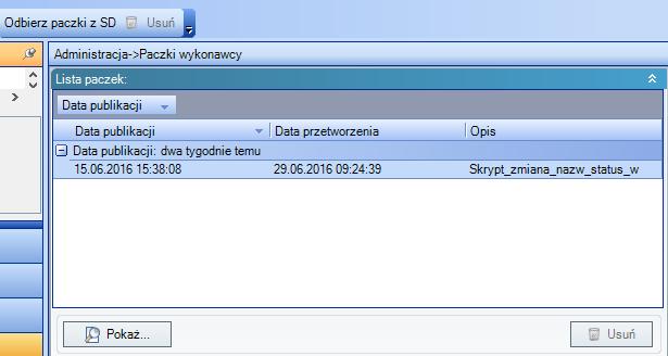 Przycisk 'Pokaż' umożliwia podgląd zawartości paczki. Przycisk "Odbierz paczki z SD" umożliwia ponowne sprawdzenia czy są dostępne nowe paczki wykonawcy. Jeśli są to je importuje (rys. 54). 4.10.
