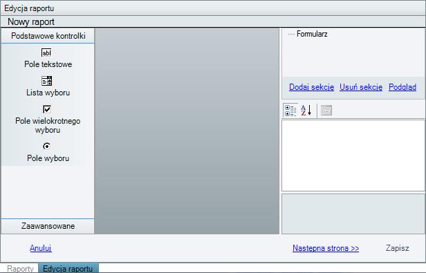 Rysunek 71. Moduł edycji raportu. Na pierwszej stronie możliwe jest ustawienie formularza, który pozwala na przekazanie wartości do raportu. Formularz można wykorzystać np.