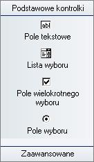 74) należą: Pole tekstowe służy do przekazania tekstu do raportu. Można wpisać tam np. tytuł raportu lub tekst, na podstawie którego będą wyświetlane elementy z bazy, np.