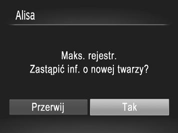 Można też dodawać kolejne informacje o twarzy, jeśli nie zajęto wszystkich 5 przeznaczonych na nie pól. Przejdź do ekranu [Dodaj inf. otwarzy]. Na ekranie widocznym w punkcie 1 na str.