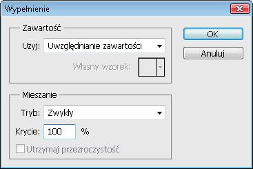 Stosujemy polecenie Wypełnij (Fill) znane już z wcześniejszych wersji programu. Możemy w tym celu użyć klawiszy Shift+F5 lub po prostu wybrać Edycja/Wypełnij (Edit/ Fill).