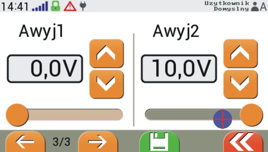 W dalszej części menu Nastaw wyjść znajduję się ekran z możliwością zadawania wartości wyjść analogowych 0.