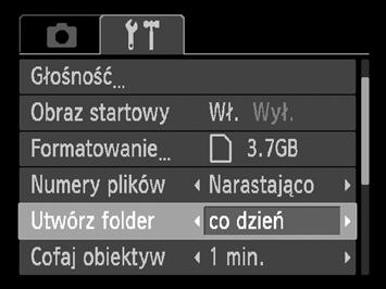 Zmiana ustawień aparatu Tworzenie folderów według daty rejestracji Zdjęcia są zapisywane w folderach tworzonych co miesiąc, można jednak również tworzyć foldery według daty rejestracji.