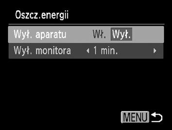 Wybierz opcję [Cofaj obiektyw], anastępnie za pomocą przycisków qr wybierz ustawienie [0 s]. Wyłączanie funkcji oszczędzania energii Dla funkcji oszczędzania energii (str.