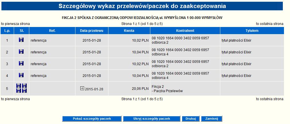 Rysunek 164 Szczegółowy wykaz przelewów/paczek do zaakceptowania Rysunek 165 Akceptacja zleceń