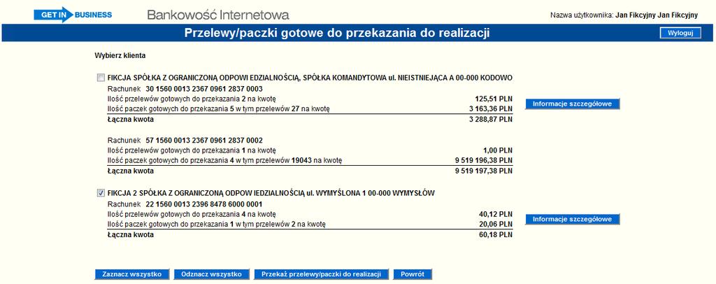 braku zleceń do przekazania do realizacji przez zalogowanego Użytkownika wyświetla się komunikat: "W chwili obecnej brak przelewów/paczek gotowych do przekazania do realizacji" oraz przycisk Powrót,