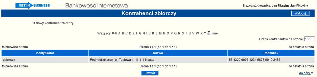 Może być wyświetlona lista wszystkich kontrahentów lub tylko zaczynających się na wybraną literę.