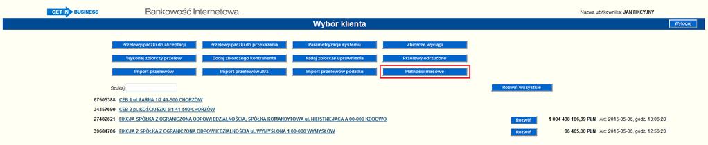 Rysunek 206 Widok wielu firm z włączonymi płatnościami masowymi (Multiuser) 6.18.2. Konfiguracja zapisu formatu raportu płatności masowych Użytkownik GB24 może zdefiniować domyślny format w jakim będą się generowały i zapisywały raporty z płatności masowych.