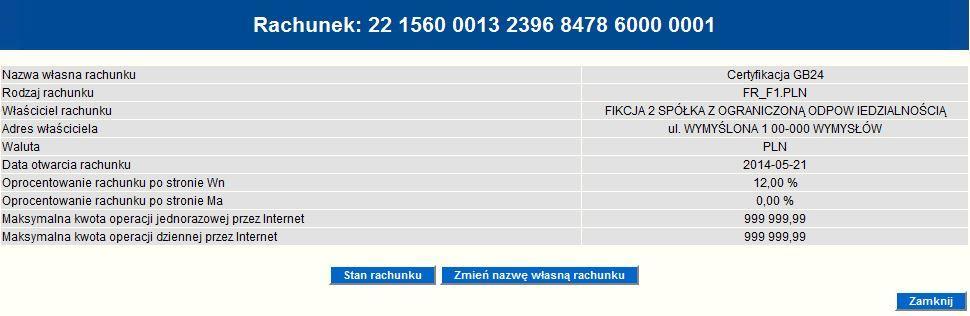 Spod tej opcji istnieje również możliwość sprawdzenie szczegółów rachunku poprzez kliknięcie przycisku Szczegóły rachunku, gdzie wyświetlone są informacje dotyczące nazwy własnej rachunku, rodzaju