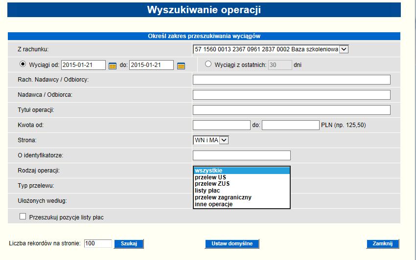 wyświetlona lista operacji na wyciągu, Pole nadawca/odbiorca dane nadawcy/odbiorcy, Pole tytuł operacji treść tytułu operacji, Pole kwota od-do należy określić zakres kwot dla operacji, Pole strona