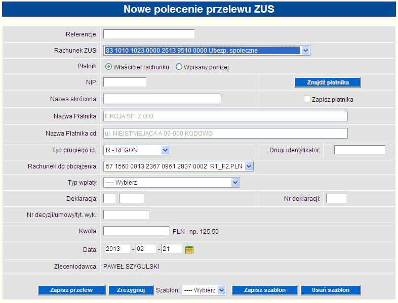 Rysunek 34 Formatka do przygotowywania nowego przelewu ZUS Aby wykonać przelew do ZUS należy wypełnić wszystkie wymagane pola formatki: Pole referencje jest polem, w którym można wpisać dowolny opis