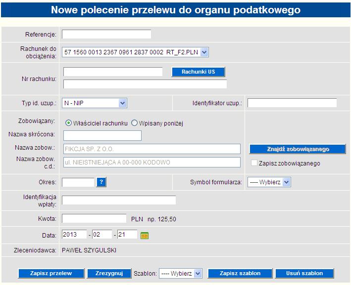 Rysunek 36 Formatka do przygotowywania nowego przelewu podatkowego Aby wykonać przelew podatku należy wypełnić wszystkie wymagane pola formatki: Pole referencje jest polem, w którym można wpisać