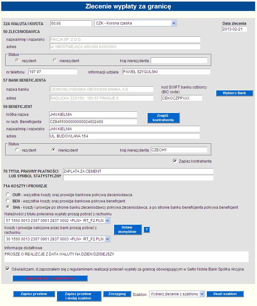 Rysunek 40 Formatka redagowania nowego zlecenia zagranicznego Aplikacja przy zapisie danych z formatki sprawdza poprawność wypełnionych pól.