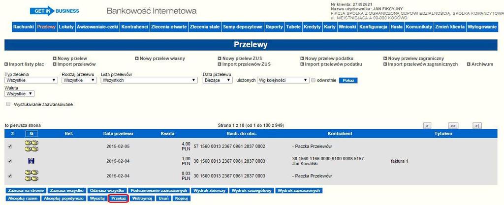 Rysunek 56 Przekazanie przelewów do realizacji Po przekazaniu przelewu należy sprawdzić jego status, czy przelew się zrealizował (przejść do zakładki przelewy i wyświetlić listę przelewów