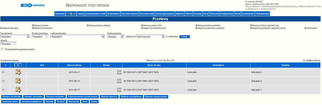 6.6. Wyszukiwanie zleceń Rysunek 68 Widok wysłanych list płac Aplikacja umożliwia zaawansowane wyszukiwanie zapisanych zleceń zarówno bieżących jak i w archiwum.