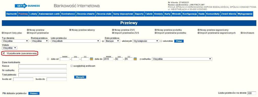 z zakończonym statusem (zrealizowane, odrzucone, usunięte), zaległe wszystkie zlecenia z datą wcześniejszą jak bieżąca, dzisiejsze wszystkie zlecenia z datą bieżącą, przyszłe wszystkie zlecenia z