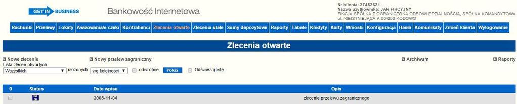 6.7.3. Przeglądanie listy zleceń otwartych Zlecenia są wyświetlane osobno jako zlecenia bieżące oraz archiwalne (po przepisaniu do archiwum).