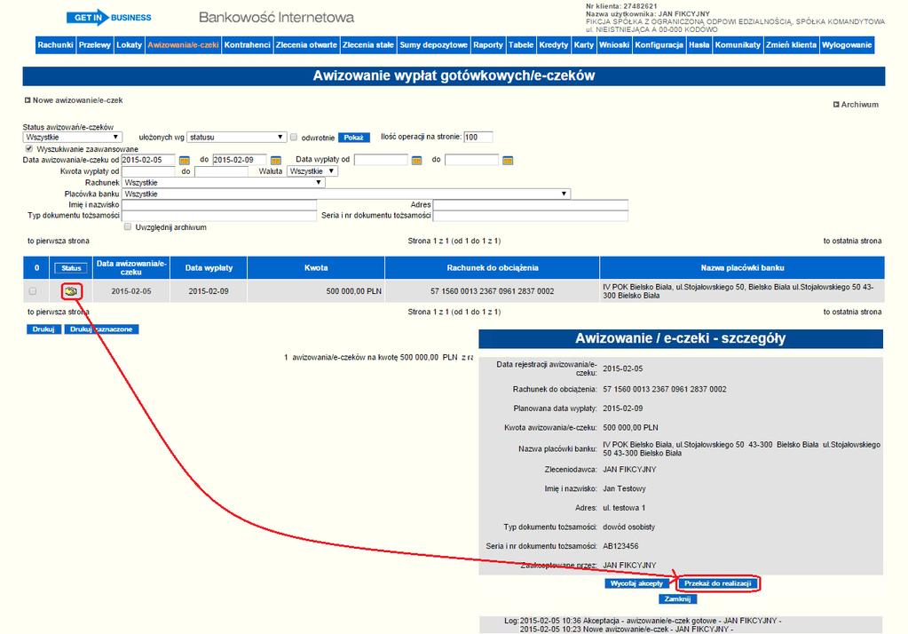 Rysunek 88 Przekazanie e-czeku do realizacji 6.9.2.4.