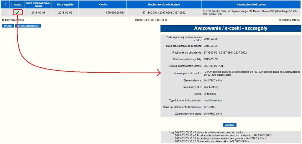 awizowanie/e-czek poprawnie dotarło do placówki bankowej.