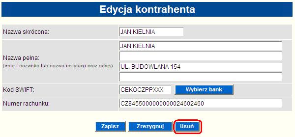 Dane kontrahenta można również modyfikować podczas tworzenia nowego zlecenia przelewu. W tym celu należy wybrać kontrahenta z listy kontrahentów i zmienić jego dane w formatce przelewu.