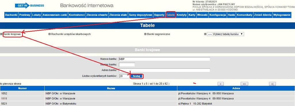 6.11. Tabele Wybranie tej opcji umożliwia użytkownikowi: przeglądanie tabeli z numerami rozliczeniowymi banków krajowych, przeglądanie tabeli z numerami rozliczeniowymi banków zagranicznych,