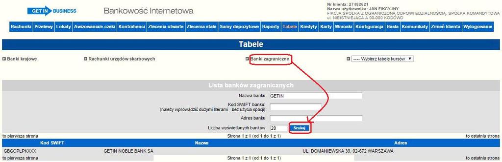 6.11.3. Banki Zagraniczne Opcja ta pozwala wyszukać banki zagraniczne oraz zweryfikować ich kody SWIFT.