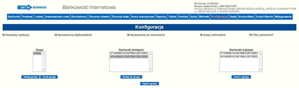 praw dla użytkowników zezwalających na: przeglądanie danych, tworzenie zleceń obciążających dany rachunek. Rysunek 110 Zarządzanie uprawnieniami użytkowników do rachunków 6.12.4.