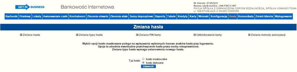 Po zalogowaniu się do aplikacji GB24 każdy użytkownik ma możliwość zmiany hasła statycznego na maskowane i odwrotnie.