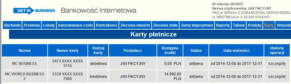 szczegółów karty kredytowej, Spłata karty kredytowej dostęp do funkcjonalności spłaty karty Po nadanych uprawnieniach do przeglądania kart, karty są widoczne w zakładce karty.