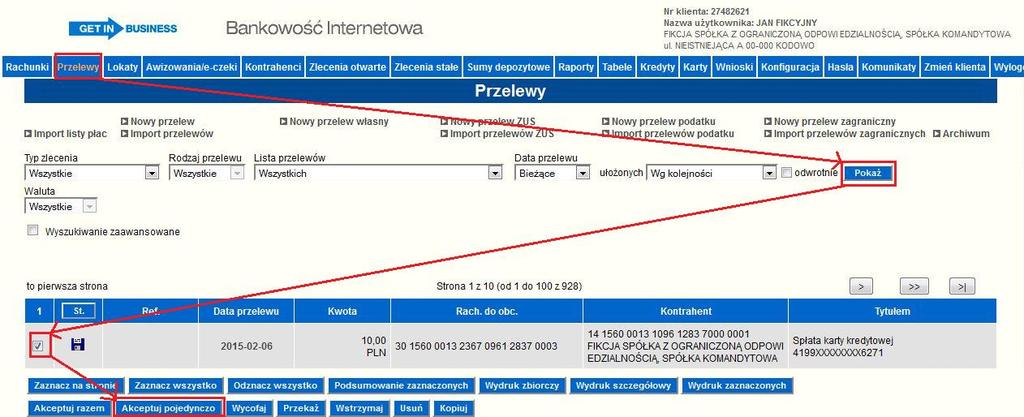 Rysunek 137 Wyszukanie zapisanego przelewu spłaty karty