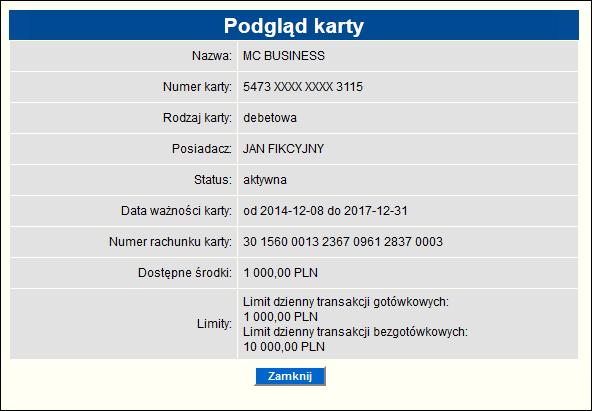 Rysunek 141 Podgląd karty debetowej 6.14.5. Historia operacji szczegóły System pozwala na podgląd historii operacji kart debetowych i kredytowych.