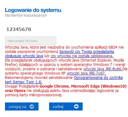 o konieczności pobrania oprogramowania wraz z odnośnikami do wymaganych aplikacji: Wtyczka Java, która jest niezbędna do uruchomienia aplikacji GB24 nie została poprawnie uruchomiona Sprawdź czy