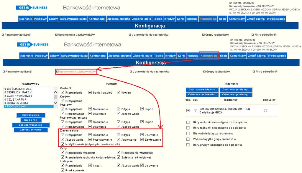 Aby ustawić uprawnienia użytkownikom należy wejść w następujące opcje: Konfiguracja -> Uprawnienia użytkowników -> Zlecenia stałe Uprawnienia należy ustawić oddzielnie dla każdego użytkownika wraz ze