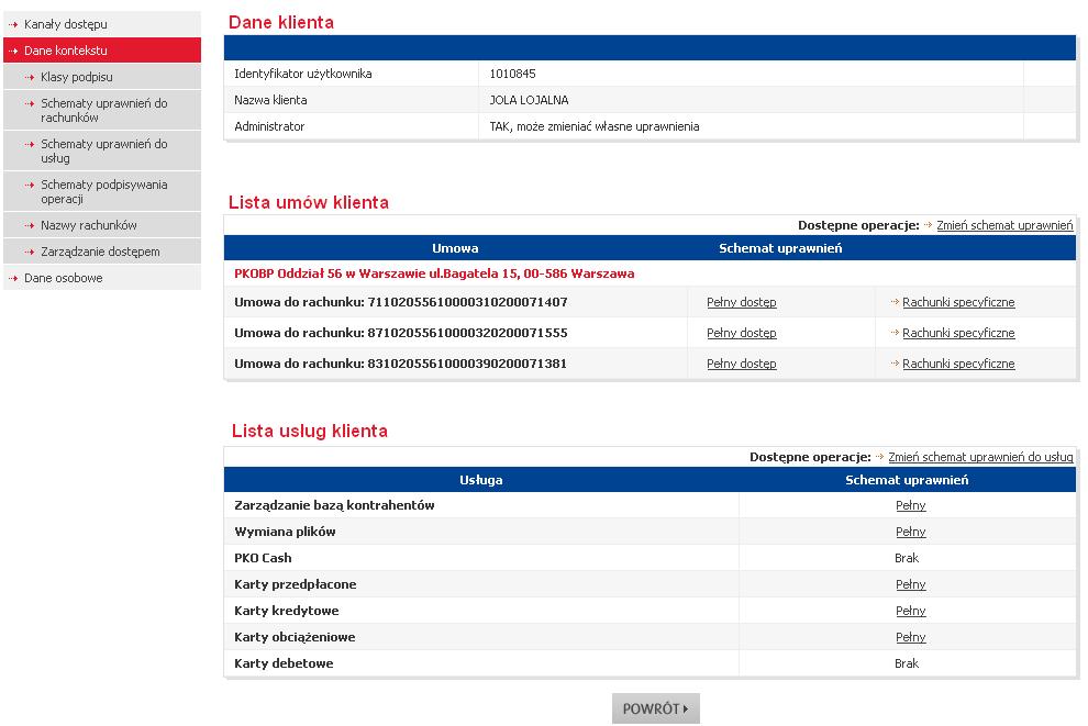 Zostanie wyświetlona strona Zmiana schematów uprawnień do rachunków klienta, na której prezentowane są rachunki użytkownika wraz z możliwością przypisania schematów uprawnień.